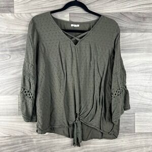 Maurices Blouse Womens M Green 3/4 Bell Sleeve Eyelet Tie Front Rayon Hi-Lo Boho